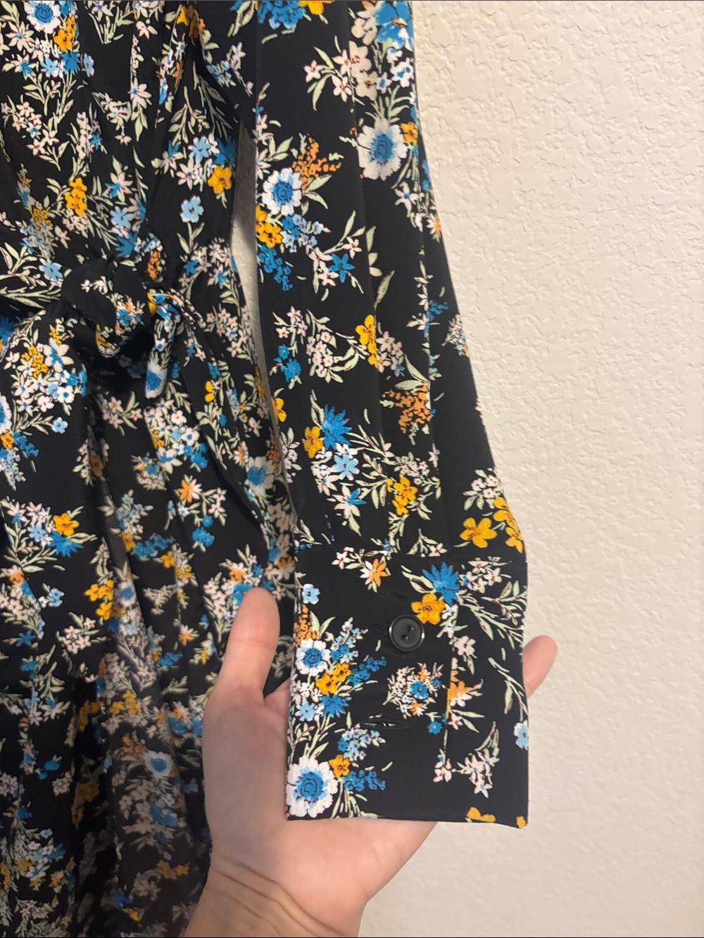 Cato size medium Black Floral Wrap Midi Dress with Blue & Yellow flowers - Picture 5 of 6